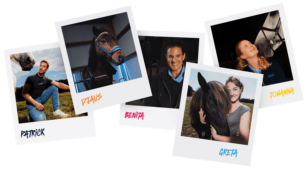 Collage von fünf Personen mit Pferden, jeweils in einzelnen Polaroid-artigen Fotos, lächelnd und im Umgang mit den Tieren.