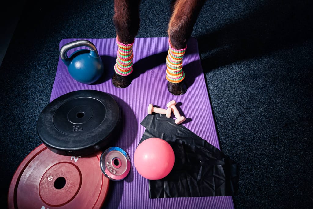 Ein Pferd, das bunte Beinstulpen trägt, steht auf einer lila Trainingsmatte, umgeben von Gewichten, Kettlebells und einem pinken Gymnastikball.