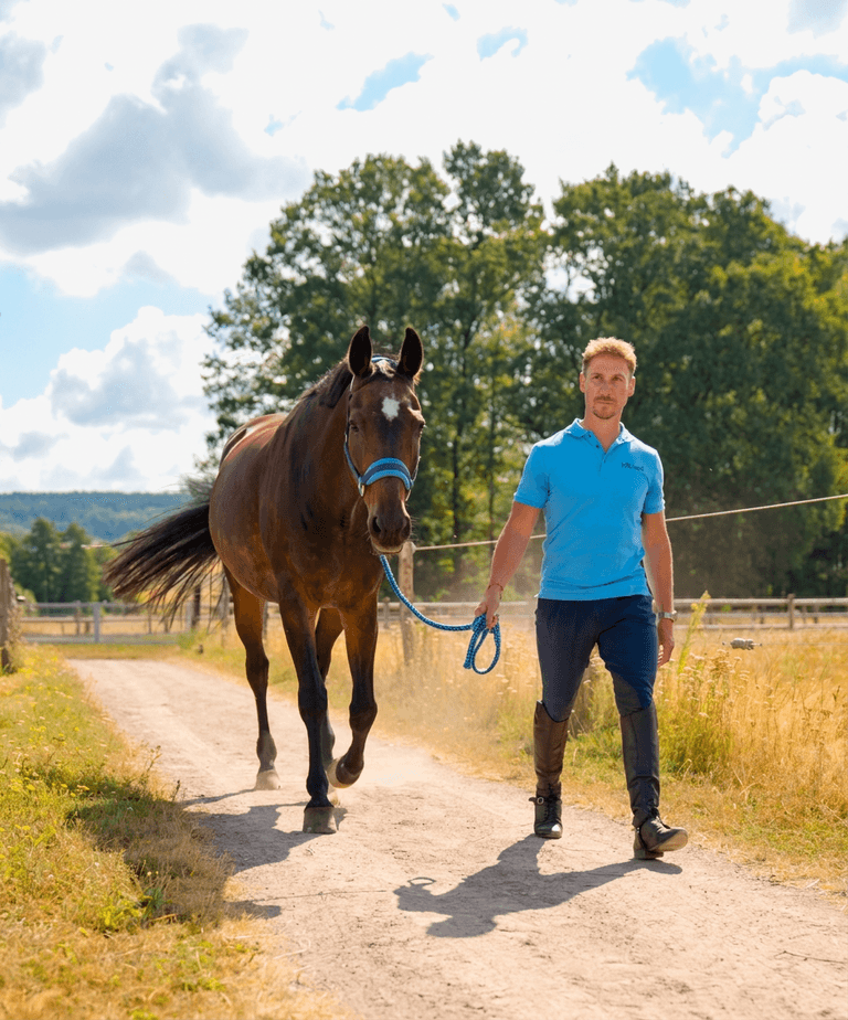 Ein Mann in einem blauen Hemd führt ein braunes Pferd auf einem Feldweg in einer sonnigen ländlichen Umgebung, im Hintergrund sind Bäume und ein Holzzaun zu sehen.