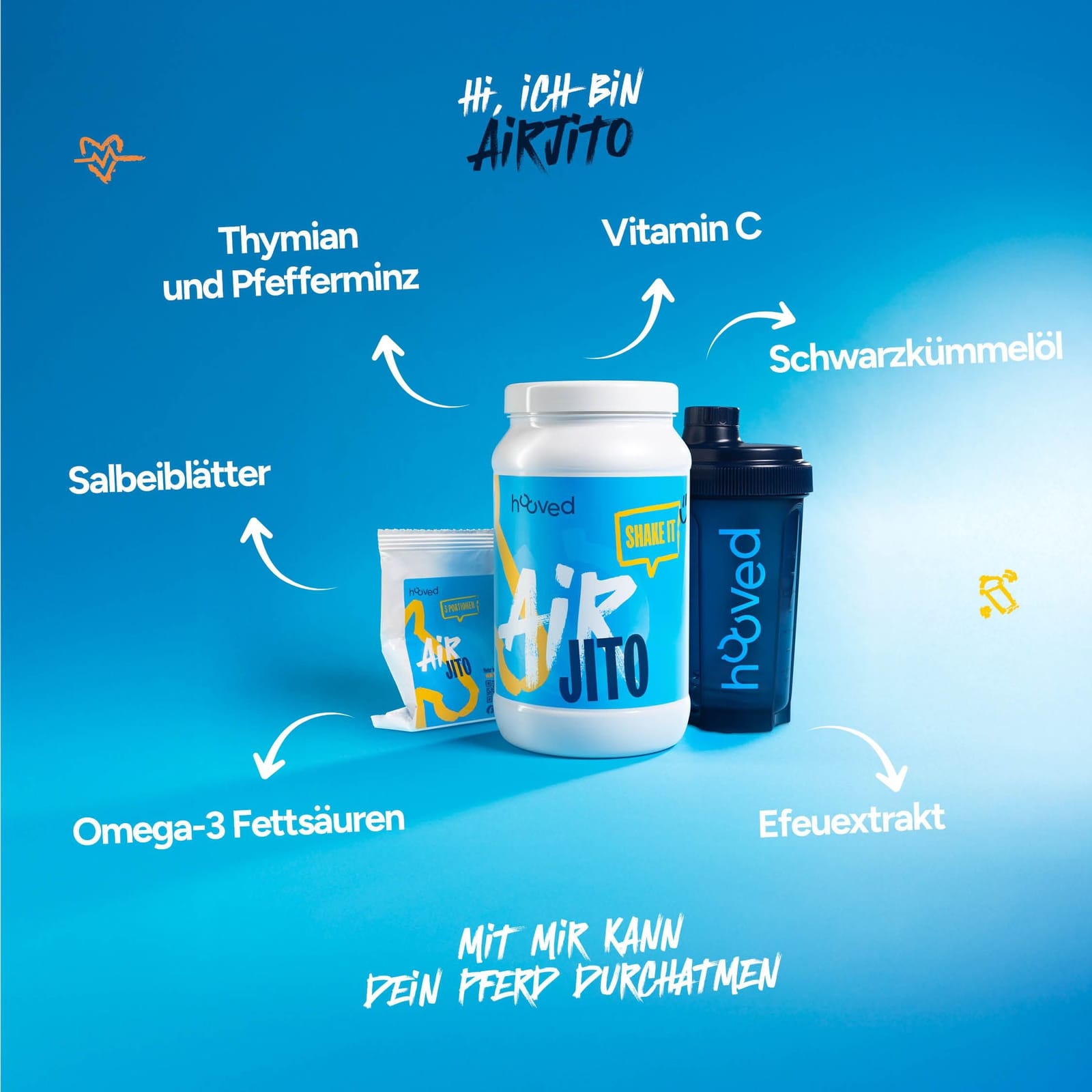 Weiße Dose mit blauer Etikette, die den Text "AIR JITO" und "SHAKE IT" zeigt, auf blauem Hintergrund.