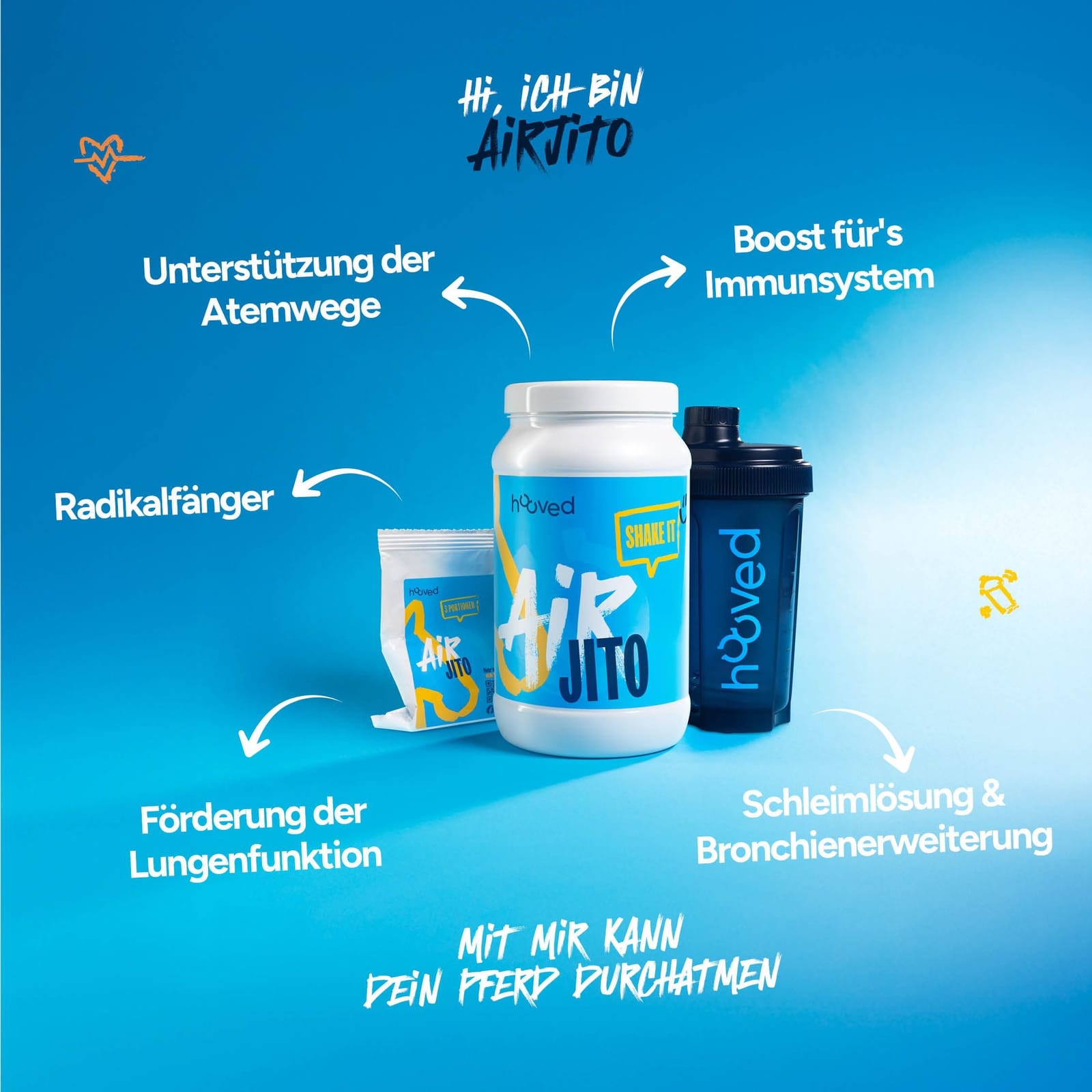 Weiße Dose mit blauer Etikette, die den Text "AIR JITO" und "SHAKE IT" zeigt, auf blauem Hintergrund.