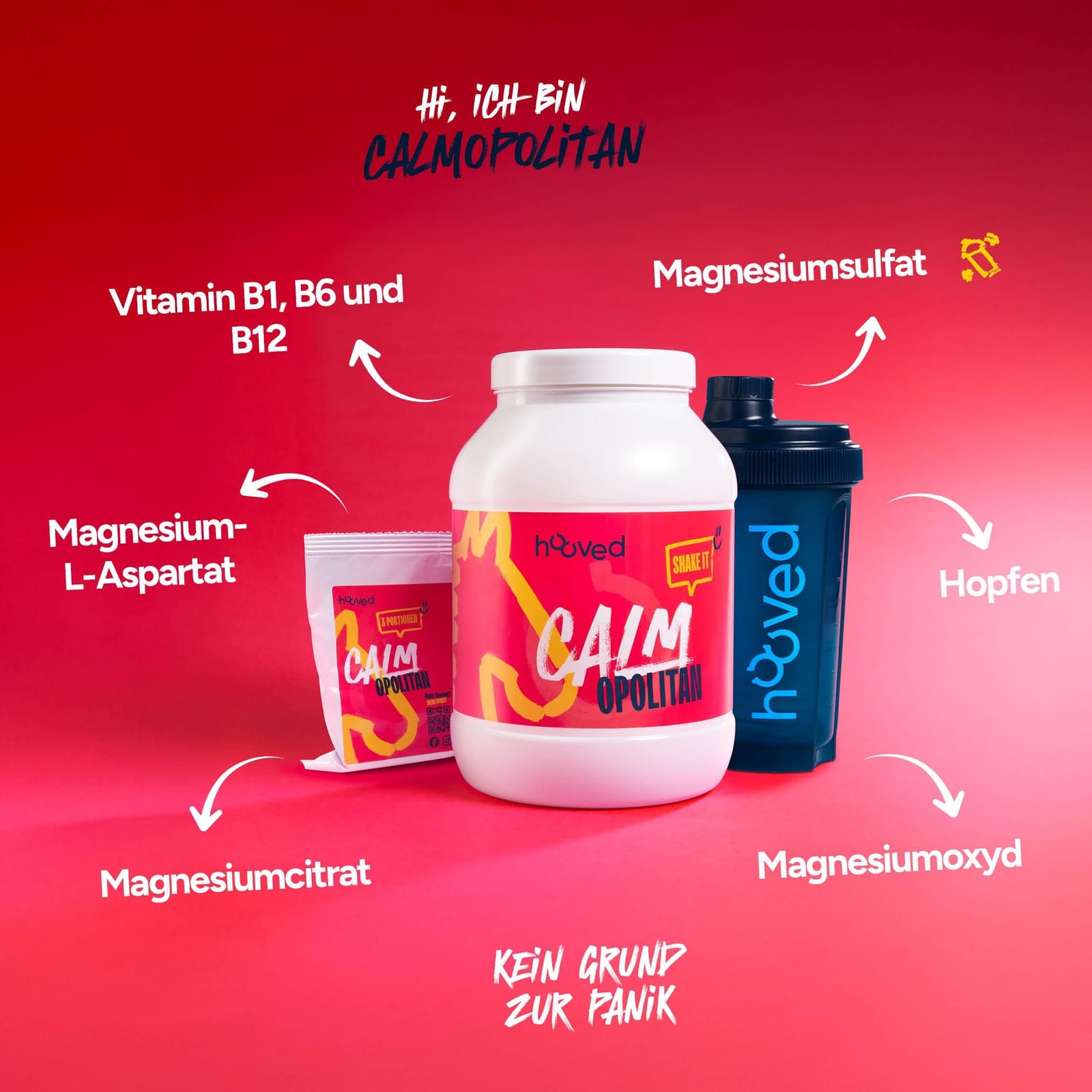 Weißer Proteinbehälter mit pinkem Etikett, das den Text "Calm Opolitan" und "Hoved" sowie eine gelbe Sprechblase mit "Shake It" zeigt, vor pinkem Hintergrund.