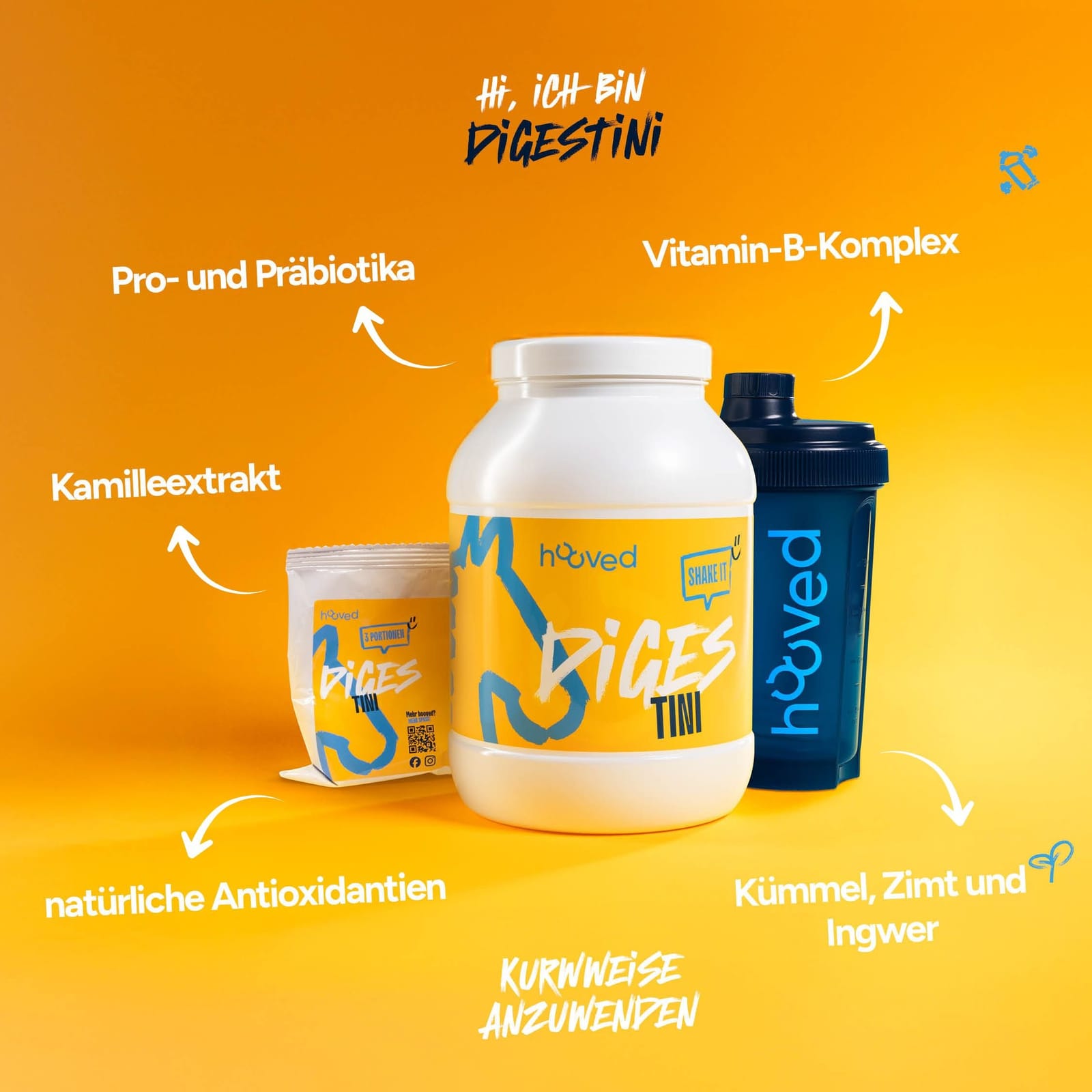 Weiße Proteinpulverdose und kleine Packung auf gelbem Hintergrund, beide mit blauer und gelber Verpackung, beschriftet mit "BICES TINI" und "shake it".
