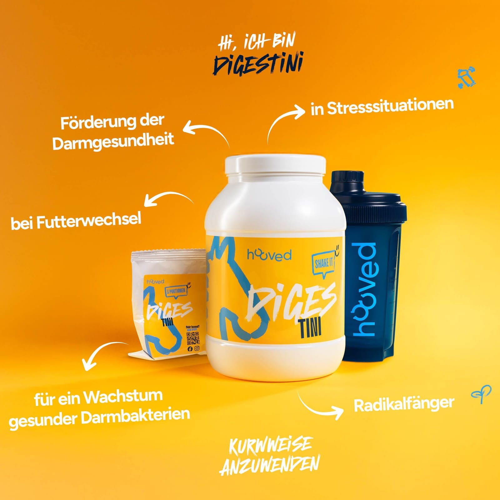 Weiße Proteinpulverdose und kleine Packung auf gelbem Hintergrund, beide mit blauer und gelber Verpackung, beschriftet mit "BICES TINI" und "shake it".