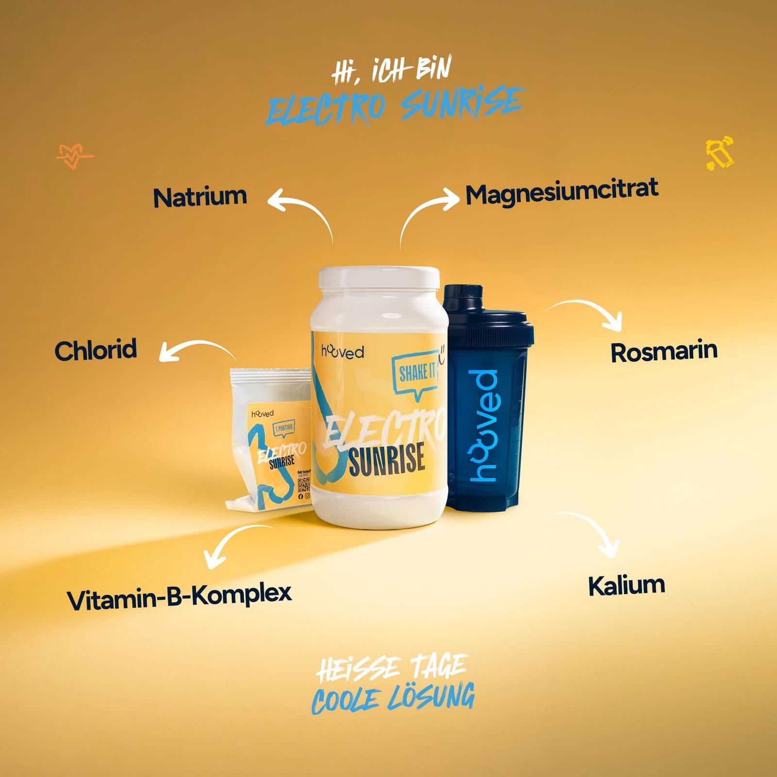 Weiße Protein-Dose mit gelber Etikette, blaue und weiße Schrift, Logo eines Pferdes, Produktname "Electro Sunrise" und Slogan "Shake It".