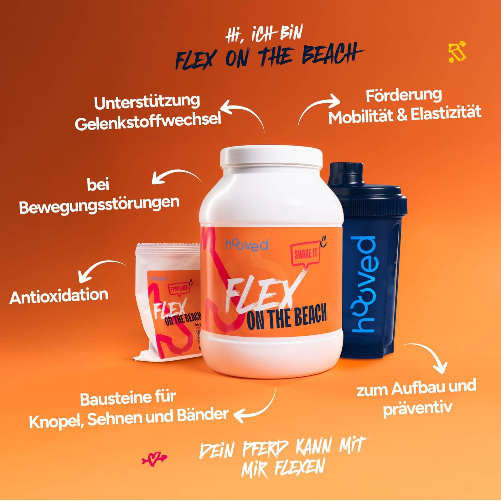 Weiße Kunststoffdose mit orangefarbenem Etikett, das den Text "FLEX ON THE BEACH" und "SHARE IT" zeigt, vor orangefarbenem Hintergrund.