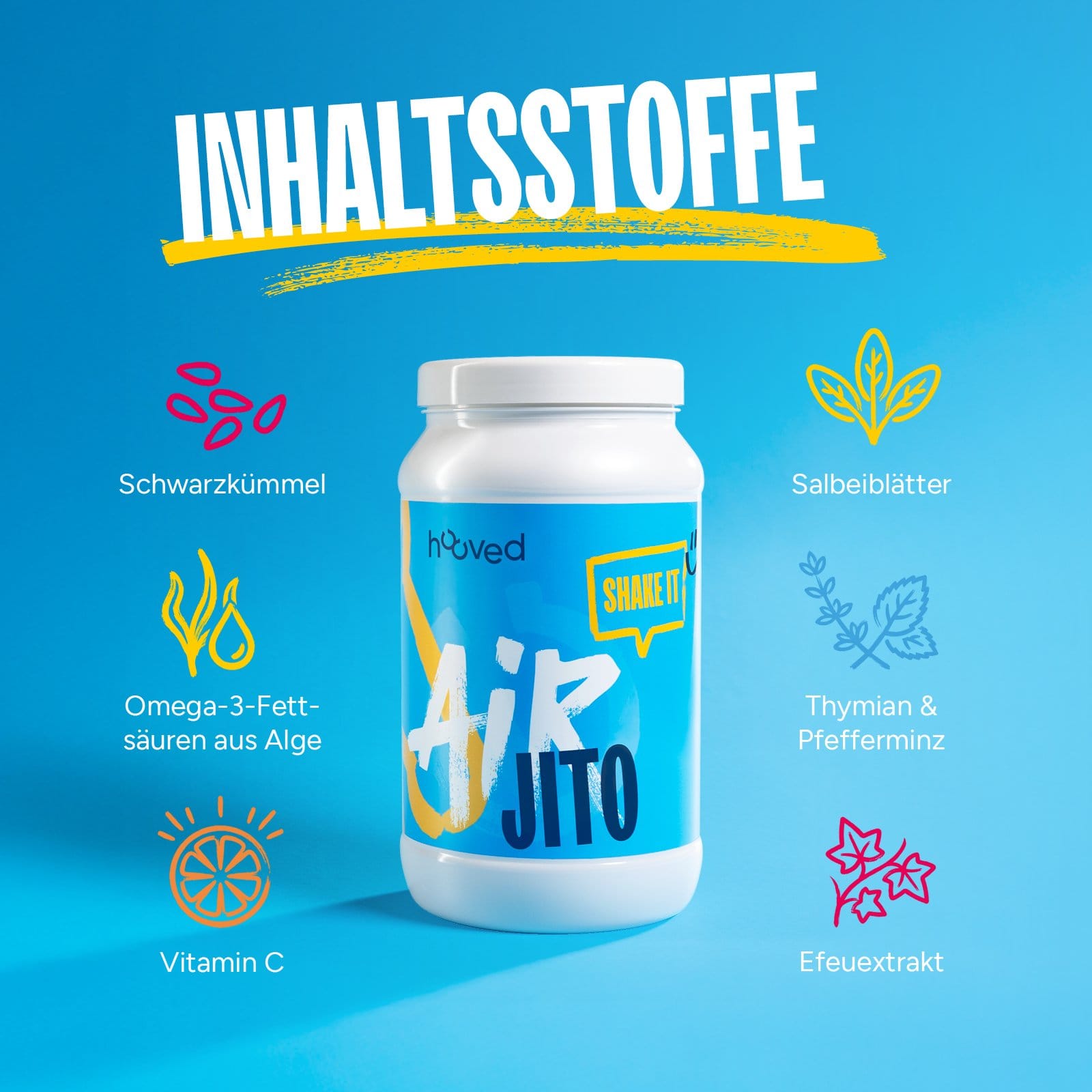 Dose hooved Airjito umgeben von dargestellten Inhaltsstoffen wie Schwarzkümmel, Salbei, Vitamin C, Thymian, Pfefferminze und Efeuextrakt