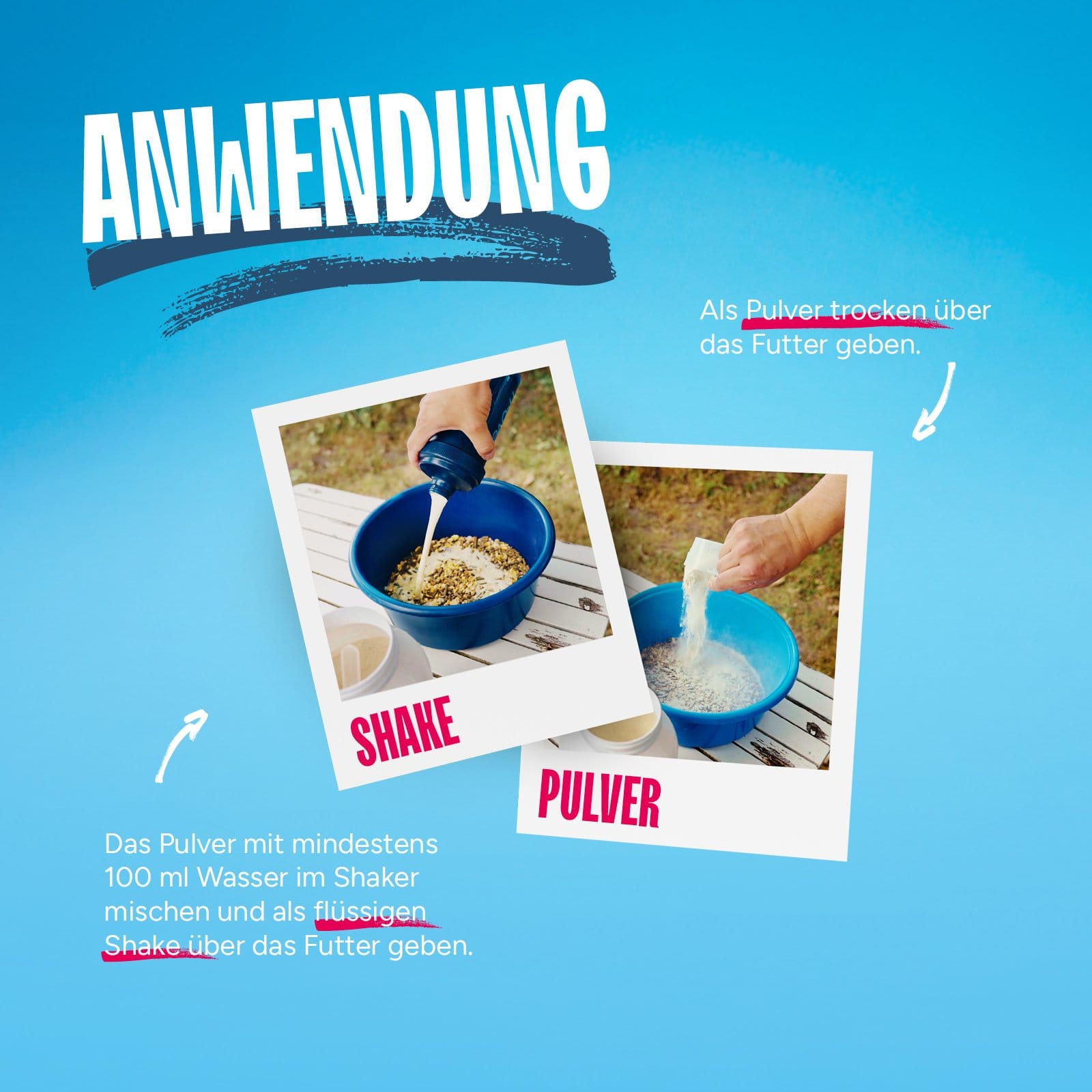 Zubereitung von hooved Airjito als Shake mit Wasser und als trockenes Pulver über dem Pferdefutter