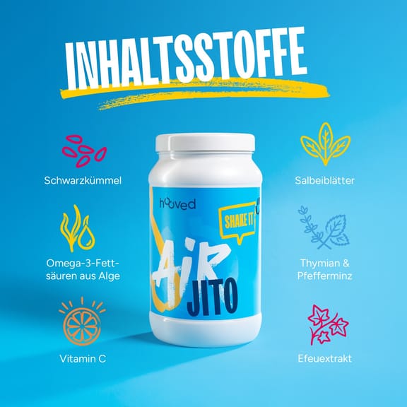 Dose hooved Airjito umgeben von dargestellten Inhaltsstoffen wie Schwarzkümmel, Salbei, Vitamin C, Thymian, Pfefferminze und Efeuextrakt