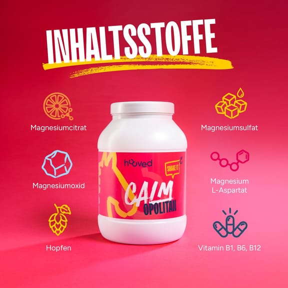 Dose hooved Calmopolitan vor pinkem Hintergrund mit dargestellten Inhaltsstoffen Magnesiumcitrat, Magnesiumoxid, Magnesiumsulfat, Magnesium-L-Aspartat, Hopfen und B-Vitaminen