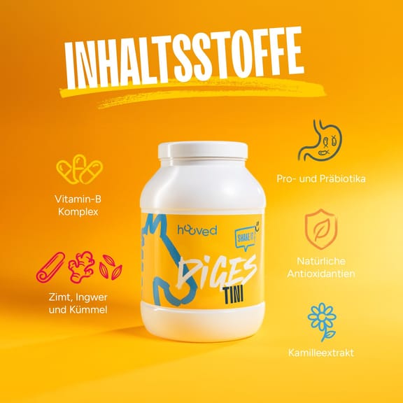 Dose hooved Digestini mit dargestellten Inhaltsstoffen wie Vitamin-B-Komplex, Zimt, Ingwer, Kümmel, Pro- und Präbiotika, natürlichen Antioxidantien und Kamillenextrakt