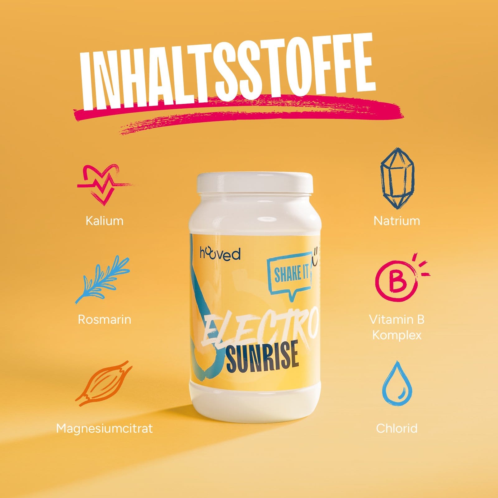 Dose hooved Electro Sunrise mit dargestellten Inhaltsstoffen Kalium, Natrium, Magnesiumcitrat, Chlorid, Rosmarin und Vitamin-B-Komplex