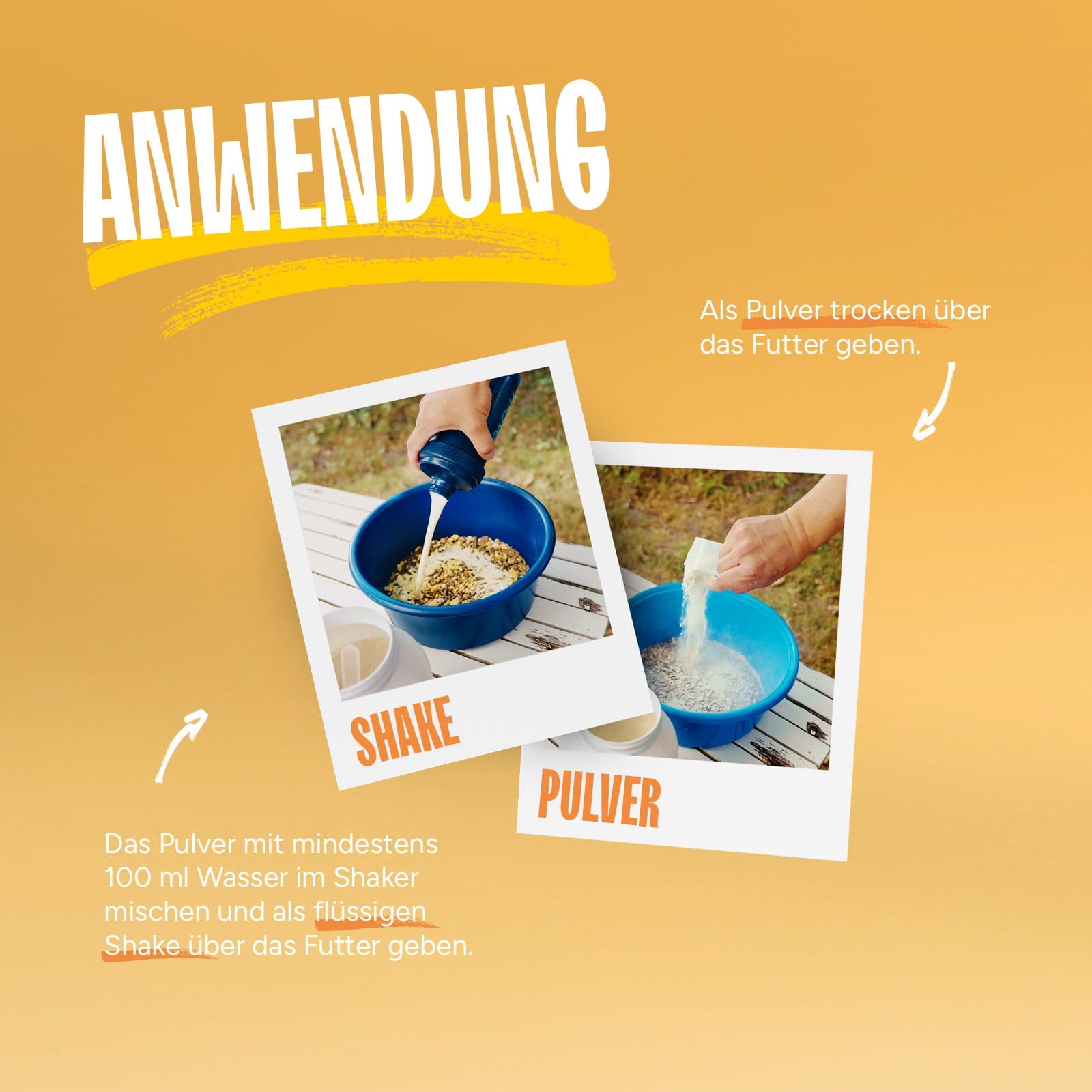 Zubereitung von hooved Electro Sunrise als Shake mit Wasser oder als trockenes Pulver über dem Pferdefutter