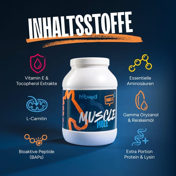 Dose hooved Muscle Mule mit Vitamin E, essentiellen Aminosäuren, L-Carnitin, Gamma Oryzanol, Reiskeimöl, bioaktiven Peptiden, Protein und Lysin